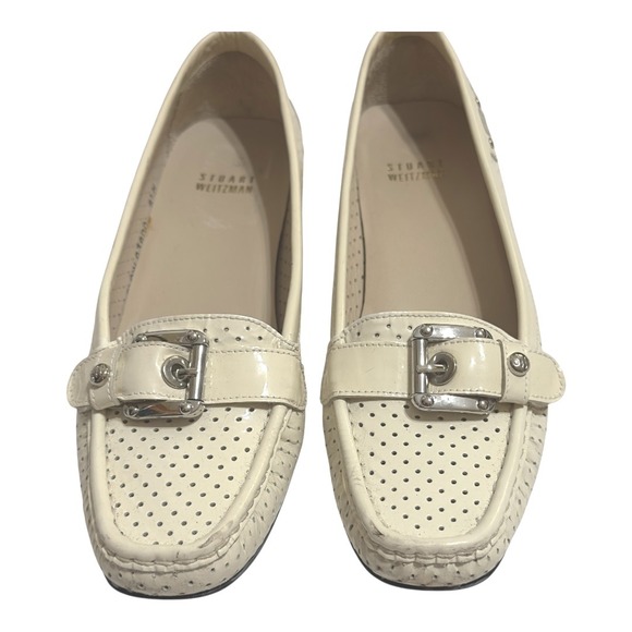 Stuart Weitzman Shoes - Stuart Weitzman Cream Leather Perforated Loafers Buckle Detail Slip On  Size 8.5